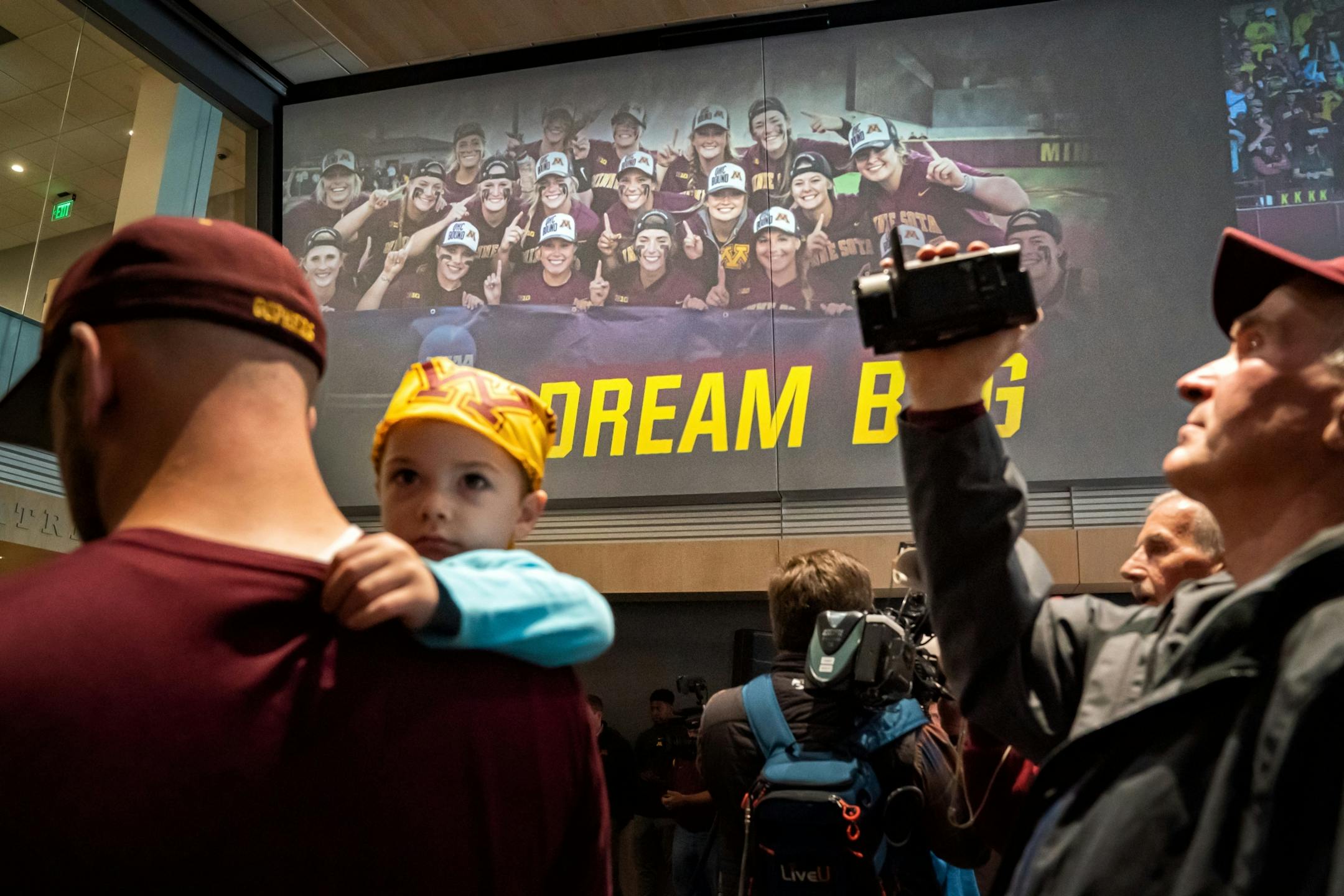 The Gophers softball team has a rally/autograph session before heading to Oklahoma City for the Women's College World Series. This was in the lobby of the Athletes Village.
