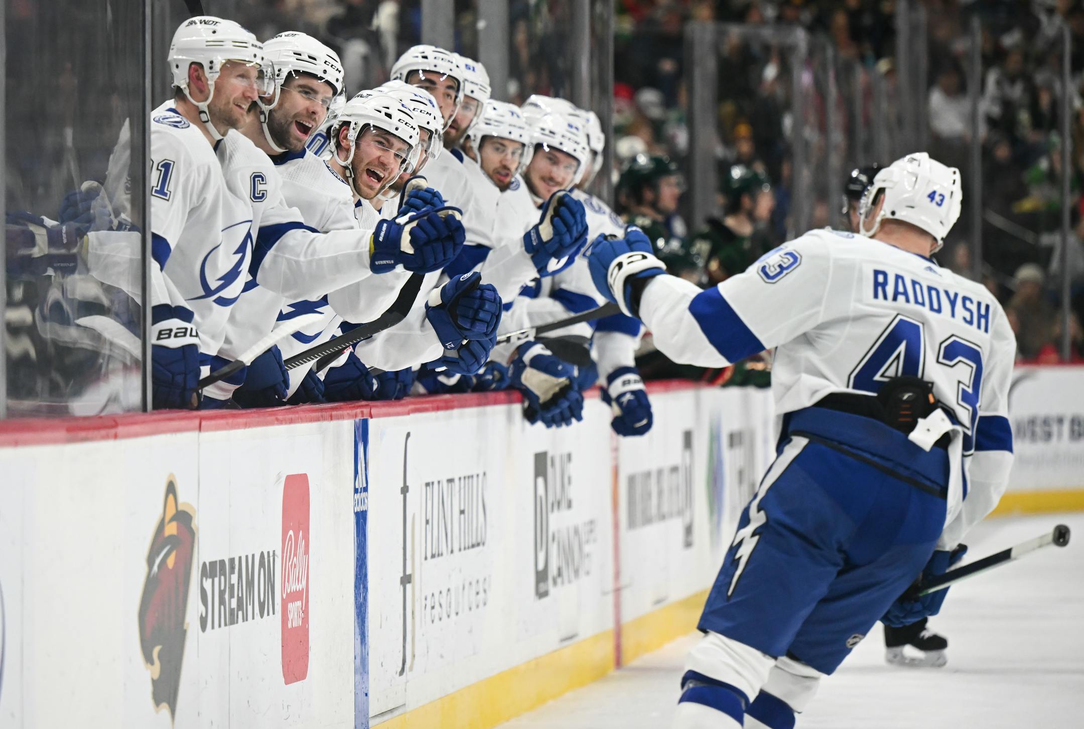 Tampa Bay Lightning defenseman Darren Raddysh (43) celebrates a goal with teammates against the Minnesota Wild during the second period Thursday, Jan. 4, 2024 at Xcel Energy Center in St. Paul, Minn.. ] AARON LAVINSKY • aaron.lavinsky@startribune.com