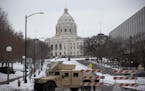 A Nation Guard humvee blocked the road leading to the Minnesota State Capitol in St. Paul on Inauguration Day.