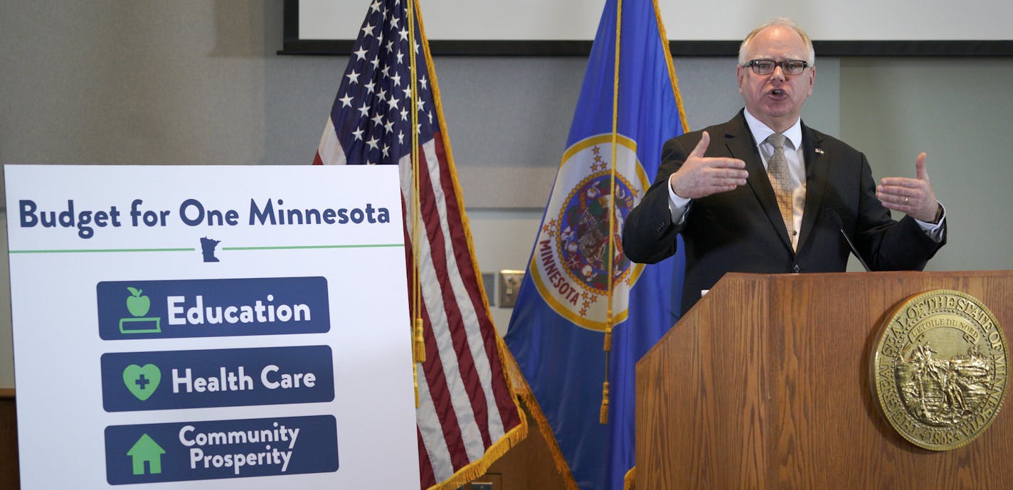 Minnesota Gov. Tim Walz proposes a state budget that would raise gas and vehicle taxes and spend more money on priorities he touted as a candidate, such as roads and bridges, schools and affordable health care coverage, on Feb. 19, 2019 in St. Paul, Minn. (Brian Peterson/Minneapolis Star Tribune/TNS)