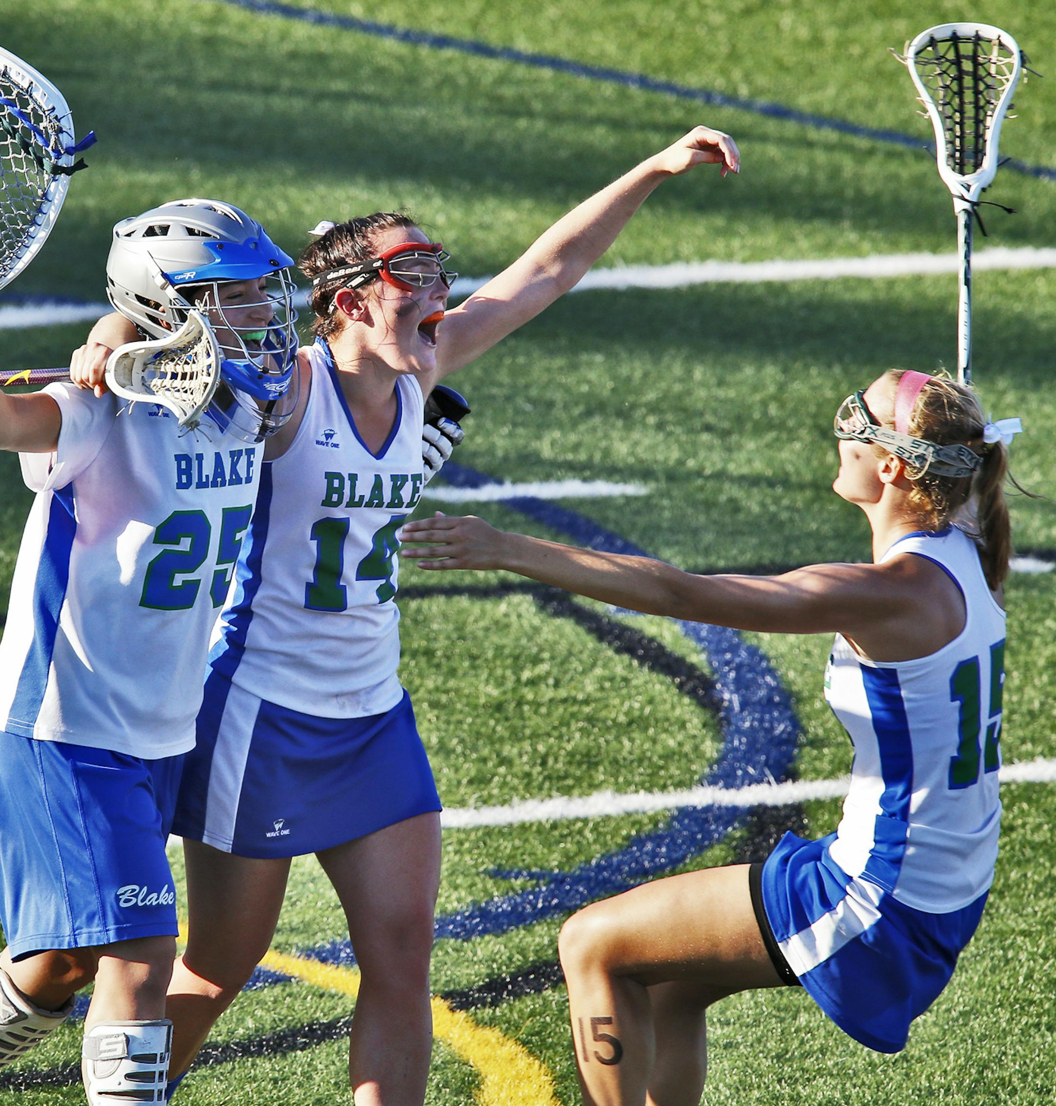 Girls lacrosse state championship game. Blake vs. Lakeville North. Blake won 14-12. Blake players celebrated their championship at the end of the game. (MARLIN LEVISON/STARTRIBUNE(mlevison@startribune.com (cq )