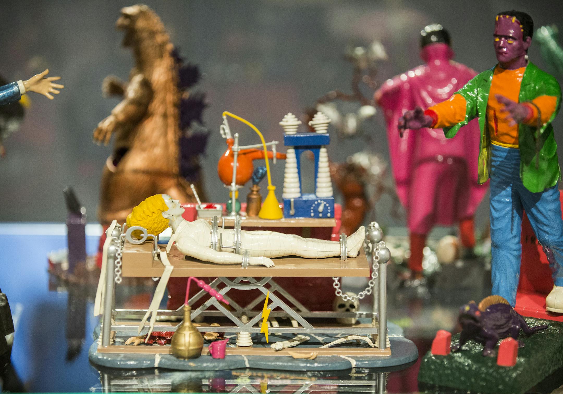 Hand painted Bride of Frankenstein and Frankenstein models from the 1960s.