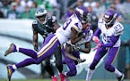 It was a crazy first half with neither team wanting to score. Here Vikings Xavier Rhodes picks off a Carson Wentz pass intended for Nelson Agholor in 