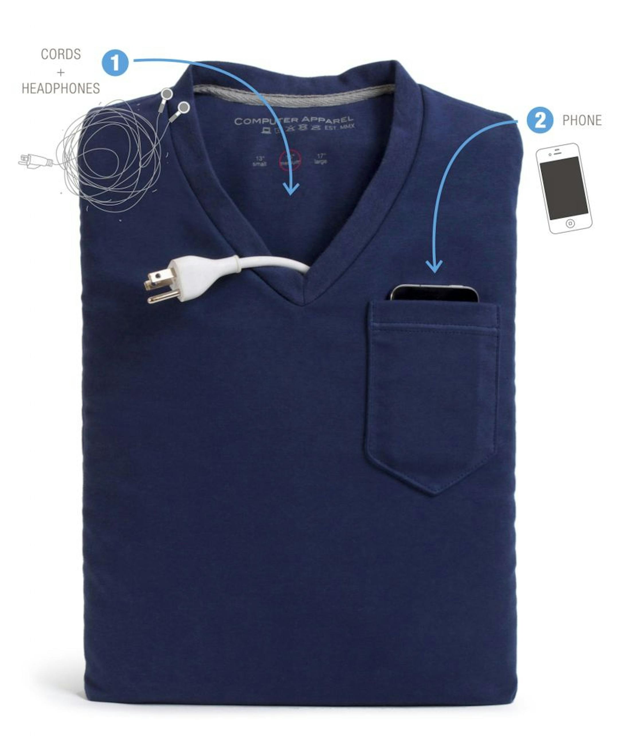 Computer Apparel's V Neck T-shirt Case for the iPad, in an undated handout photo. Computer Apparel is offering a v-neck T-shirt with a padded compartment designed to secure your electronics. (Handout via The New York Times) -- NO SALES; FOR EDITORIAL USE ONLY WITH STORY SLUGGED CIR GEEK NOTES. ALL OTHER USE PROHIBITED. -