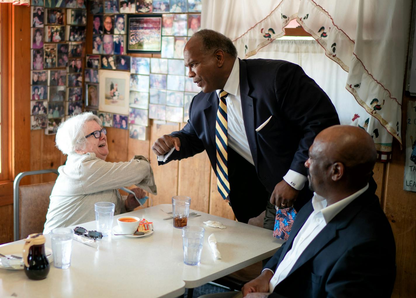 Kendall Qualls said goodbye to supporters Vitaly Sitko, Marina Kontorovich and Eric Sitko. He had lunch with supporters at Peg's Countryside Cafe in Hamel, Minnesota. Qualls is running for Congress in CD3 against Democrat Dean Phillips. ] GLEN STUBBE • glen.stubbe@startribune.com Wednesday, September 23, 2020 Kendall Qualls had lunch with supporters at Peg's Countryside Cafe in Hamel, Minnesota. Qualls is running for Congress in CD3 against Democrat Dean Phillips.