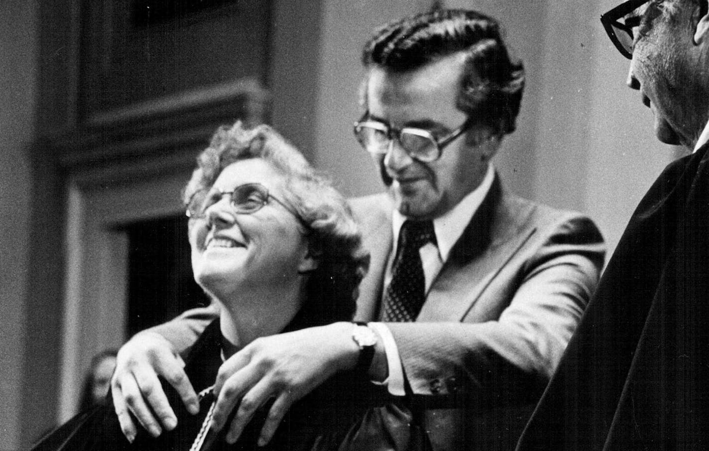 Judge Rosalie Wahl photo - She became the 72nd judge and first woman sworn in on the Minnesota Supreme court. She was sworn in by Chief Justice Robert Sheran, right, as Gov. Rudy Perpich looked on. Wahl, 52, replaced Harry MacLaughlin, who was named a U.S. district judge. She had served as an associate professor of law at William Mitchell College of Law in St. Paul, MN. --- File photo Oct. 4, 1977 Richard Olsenius/Star Tribune ORG XMIT: MIN2013061816585730