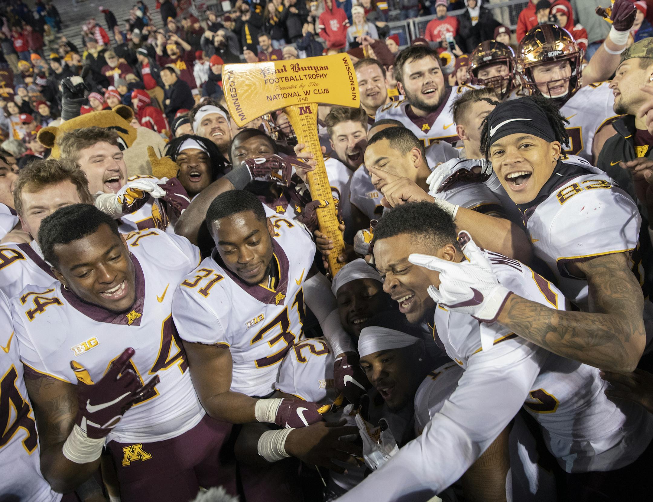 After 15 years Minnesota took back the Paul Bunyan's Axe after they defeated Wisconsin 37-15 at Camp Randall Stadium, Saturday, November 24, 2018 in Madison, Wis. It's the 128th meeting between the two teams. ] ELIZABETH FLORES • liz.flores@startribune.com