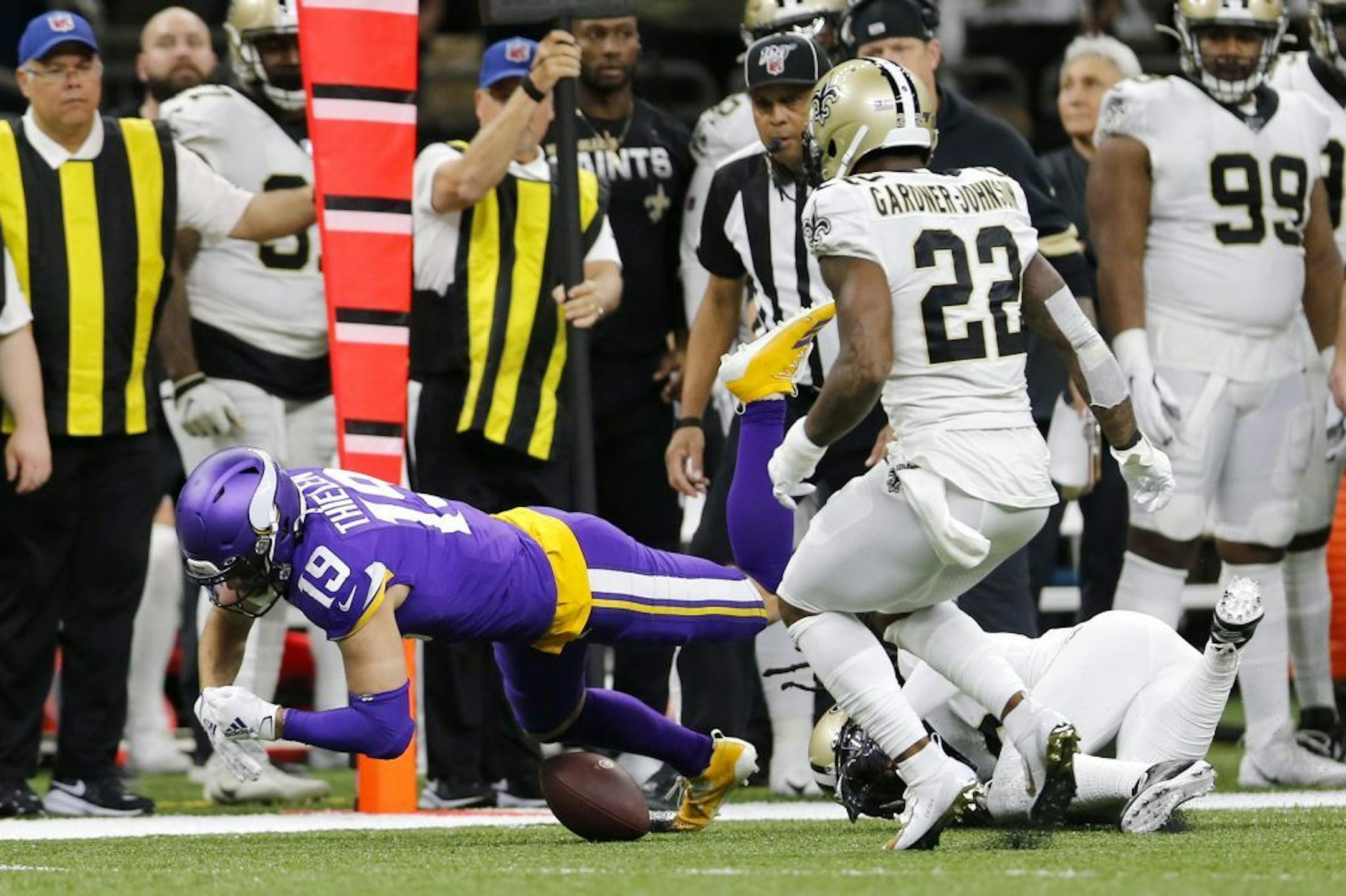 Minnesota Vikings wide receiver Adam Thielen (19) fumble on a pass reception which was recovered by the New Orleans Saints in the first half of an NFL wild-card playoff football game, Sunday, Jan. 5, 2020, in New Orleans.