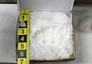 This photo provided by the Cannon River Drug and Violent Task Force shows a box containing methamphetamine. Authorities said Friday, Sept. 14, 2018 th