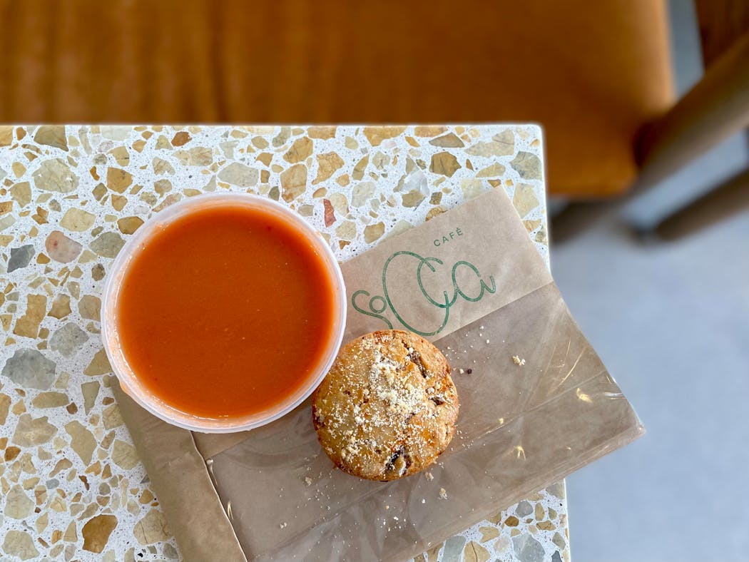 Gazpacho and a savory scone at Socca Cafe is an ideal summer lunch combo.