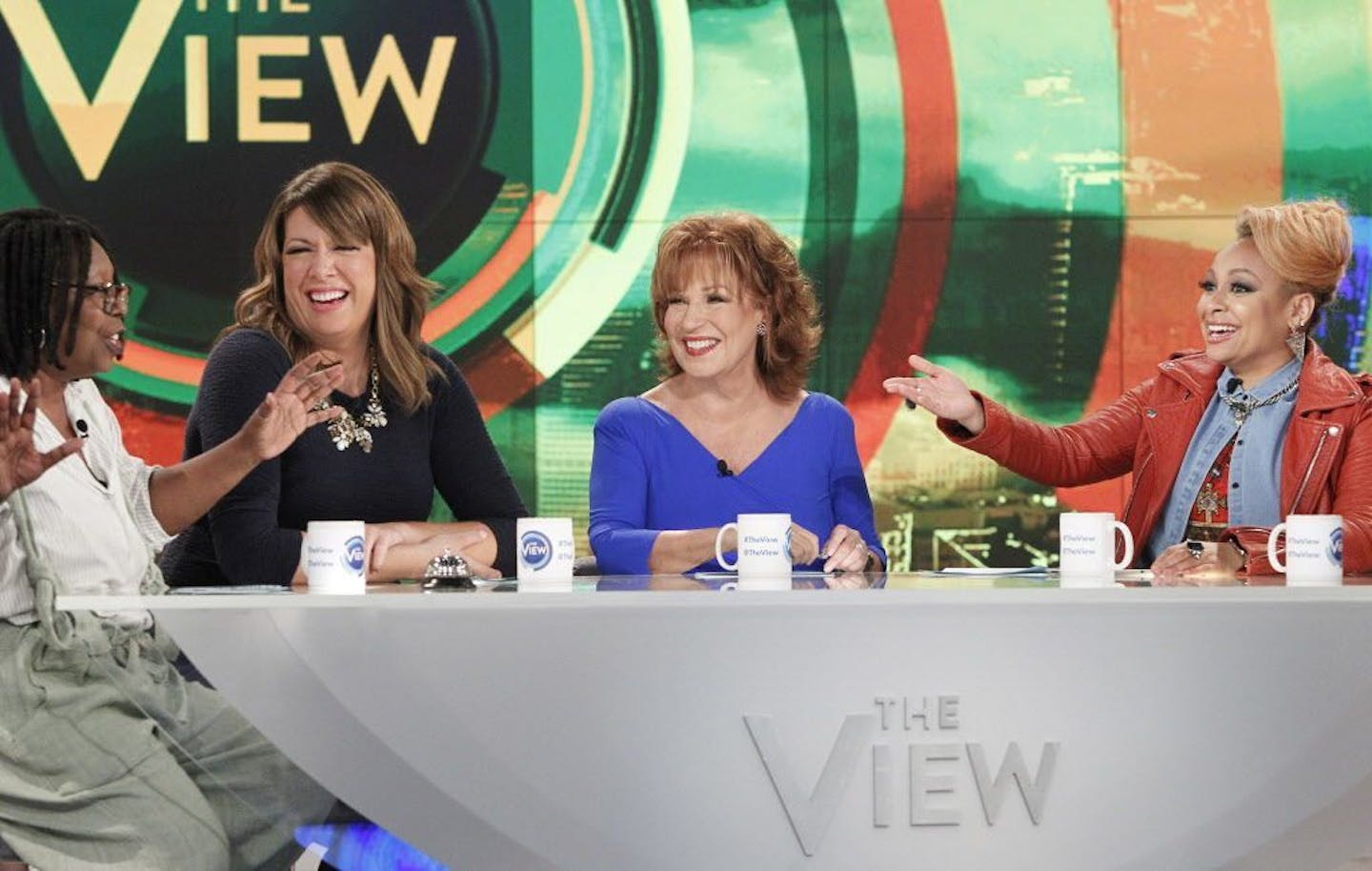 In this Sept. 9, 2015 photo released by ABC, co-hosts, from left, Whoopi Goldberg, Michelle Collins, Joy Behar and Raven-Symone appear on the daytime talk show, "The View," in New York. Behar, who "retired" with great fanfare two years ago, said she was intrigued about coming back heading into an election year. Behar won't be on every day, but will be the moderator on Fridays.