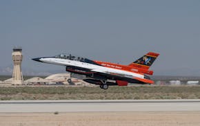 The X-62A VISTA aircraft, an experimental AI-enabled Air Force F-16 fighter jet, takes off on Thursday, May 2, 2024, at Edwards Air Force Base, Calif.