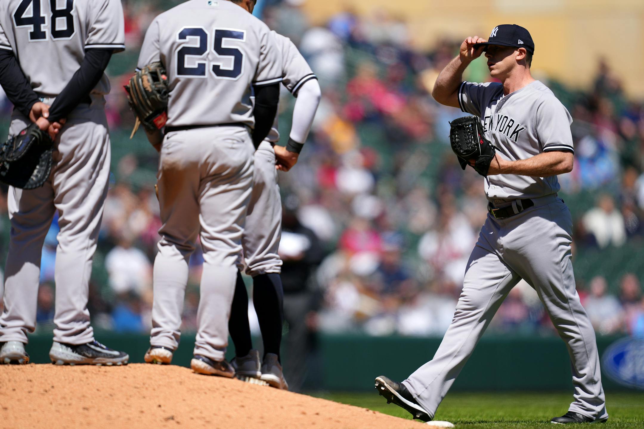 New York Yankees relief pitcher Ian Hamilton (71) enters the game in the seventh inning.
