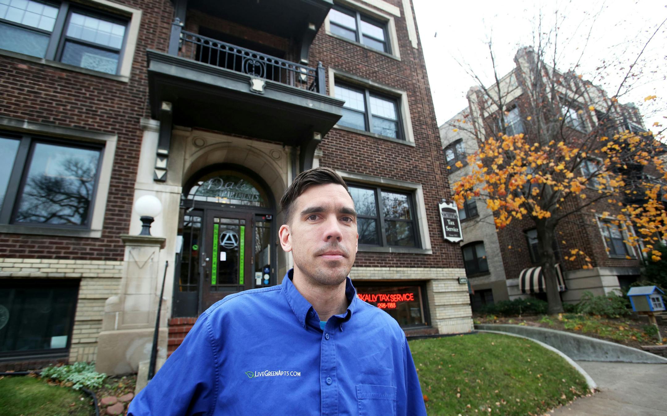 Chad Skally, who owns a number of apartment buildings in St. Paul, is one of the many property owners who would be impacted by the City Council’s decision on whether to provide financial subsidies to buildings on corners. Here, Skally was seen outside a Live Green Apartment on Grand Ave. Thursday, Nov. 17, 2016, in St. Paul, MN.