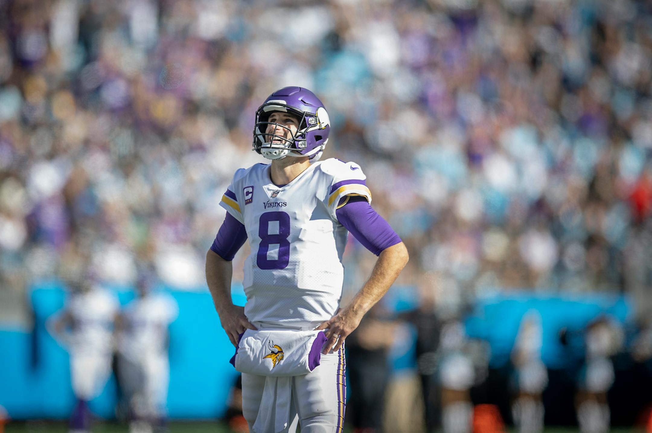 Vikings quarterback Kirk Cousins (8) looked over the Jumbotron to watch the replay of the Vikings running back Dalvin Cook (33) touchdown during the third quarter, Sunday, October 17, 2021 in Charlotte, NC.       ]  ELIZABETH FLORES • liz.flores@startribune.com