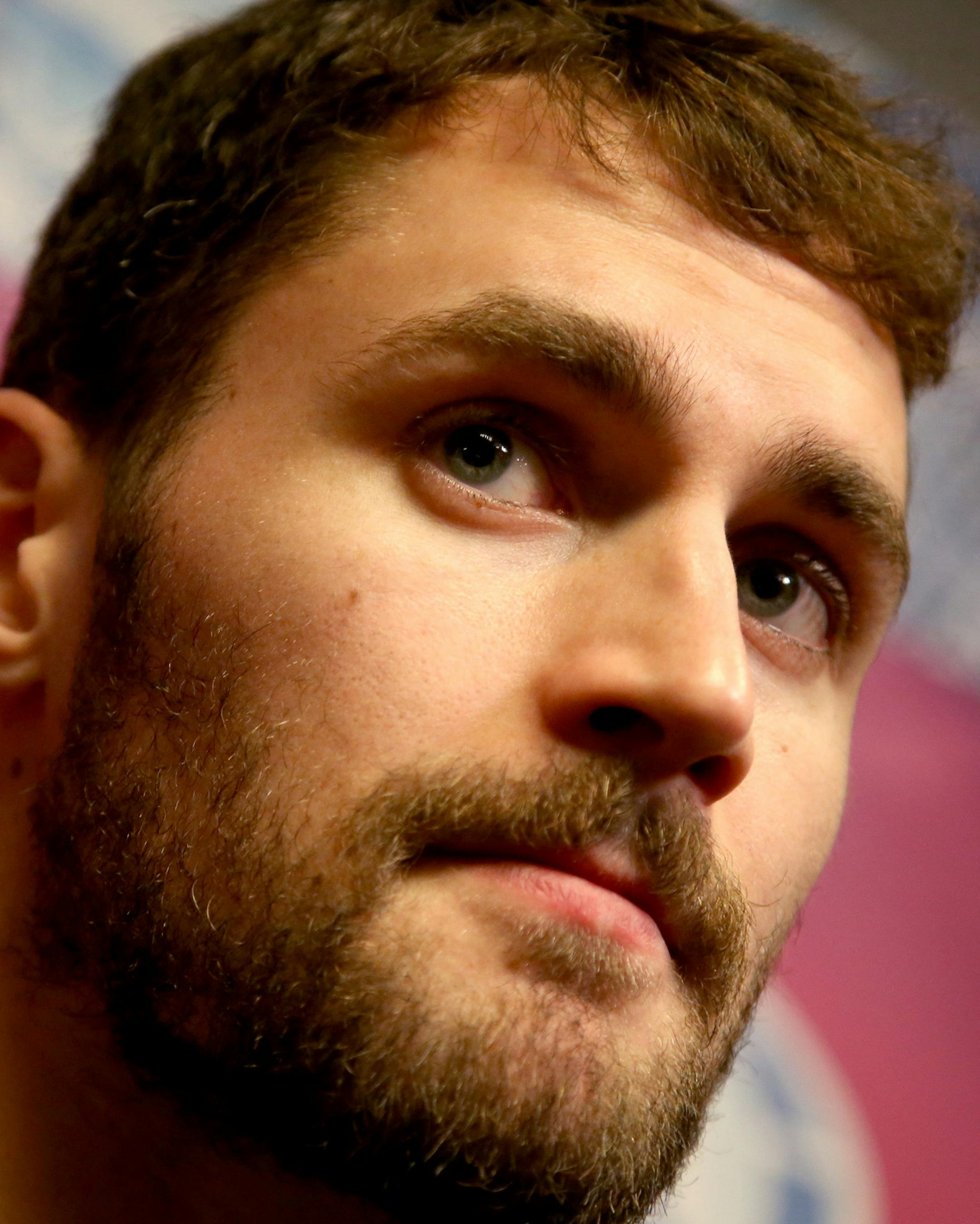 Former Timberwolves' player Kevin Love talked with the media during a press conference before the game. ] (KYNDELL HARKNESS/STAR TRIBUNE) kyndell.harkness@startribune.com Timberwolves vs Cleveland at the Target Center in Minneapolis Min., Saturday, January 31, 2015.