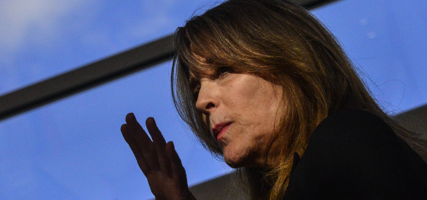 Marianne Williamson, a Democrat from Iowa and presidential candidate, makes a campaign stop at Keene State College's student union on Sunday, March 17, 2019 in Keene, N.H. (Kristopher Radder/The Brattleboro Reformer via AP)