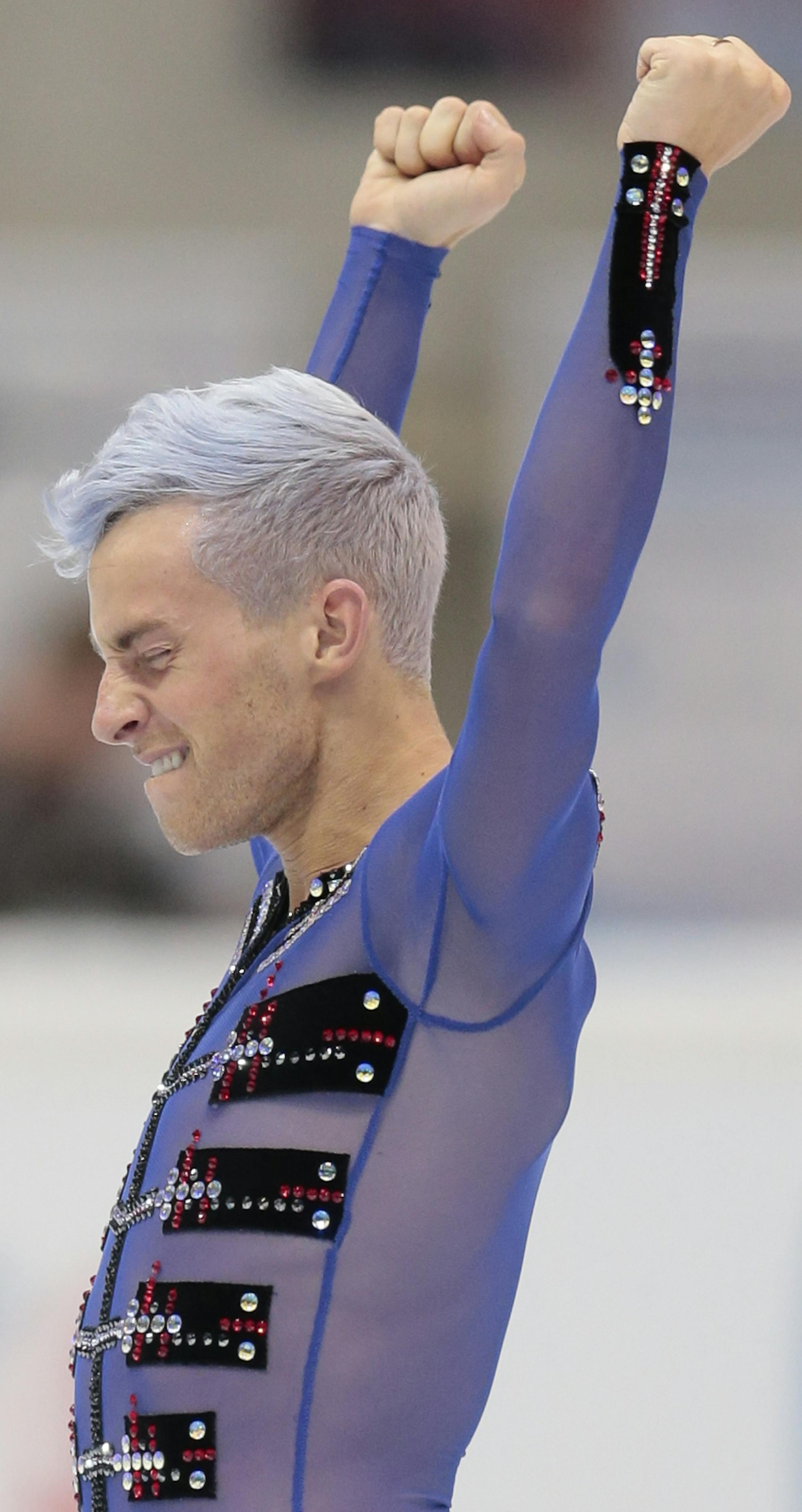Adam Rippon, of the United States, performs his free program during the Cup of Russia ISU Grand Prix figure skating event in Moscow, Russia, Saturday, Nov. 21, 2015. (AP Photo/Ivan Sekretarev) ORG XMIT: XIAS163