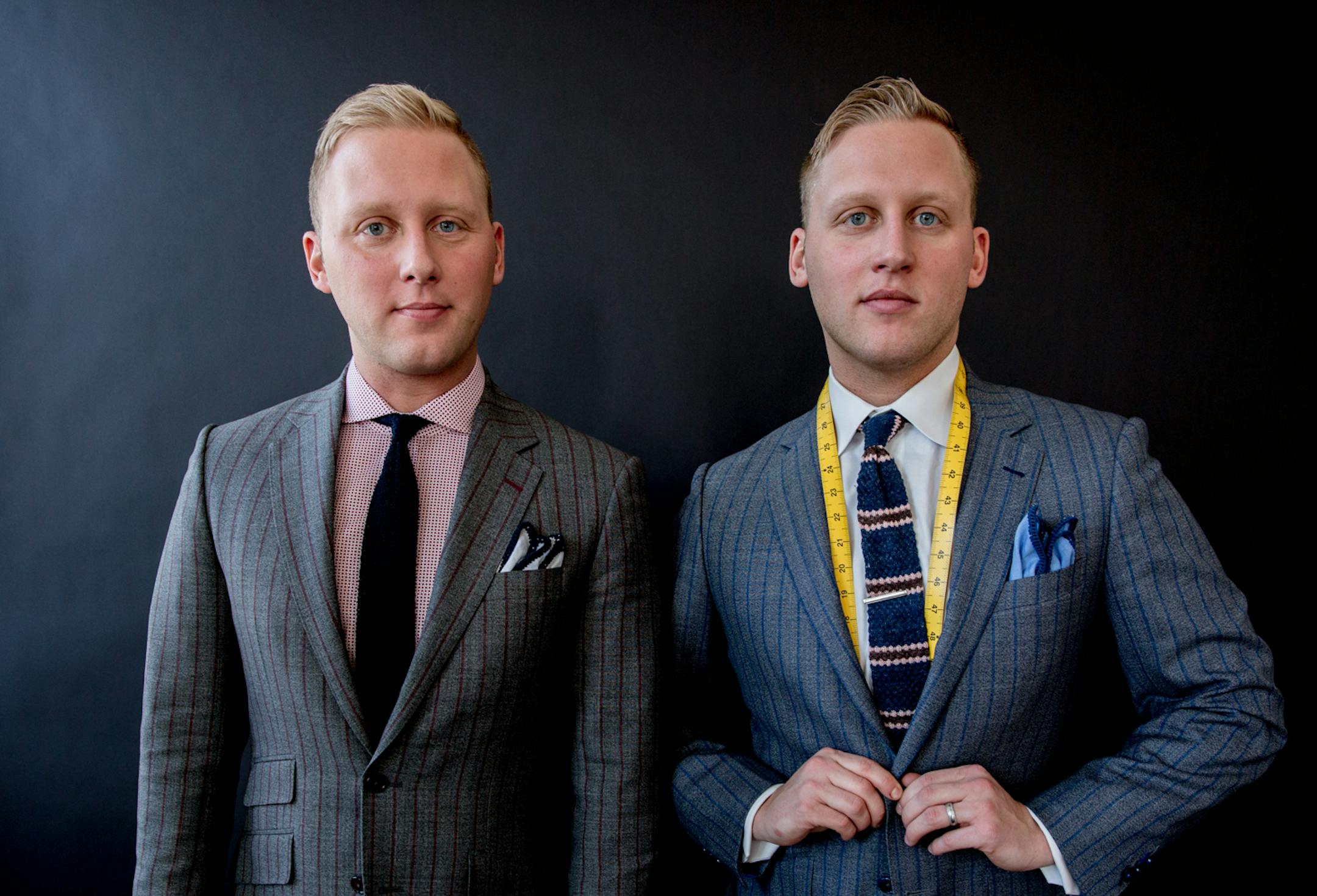 Kenny King, left, and Danny King pose in their Minnapolis studio where they run King Brothers Clotheirs.