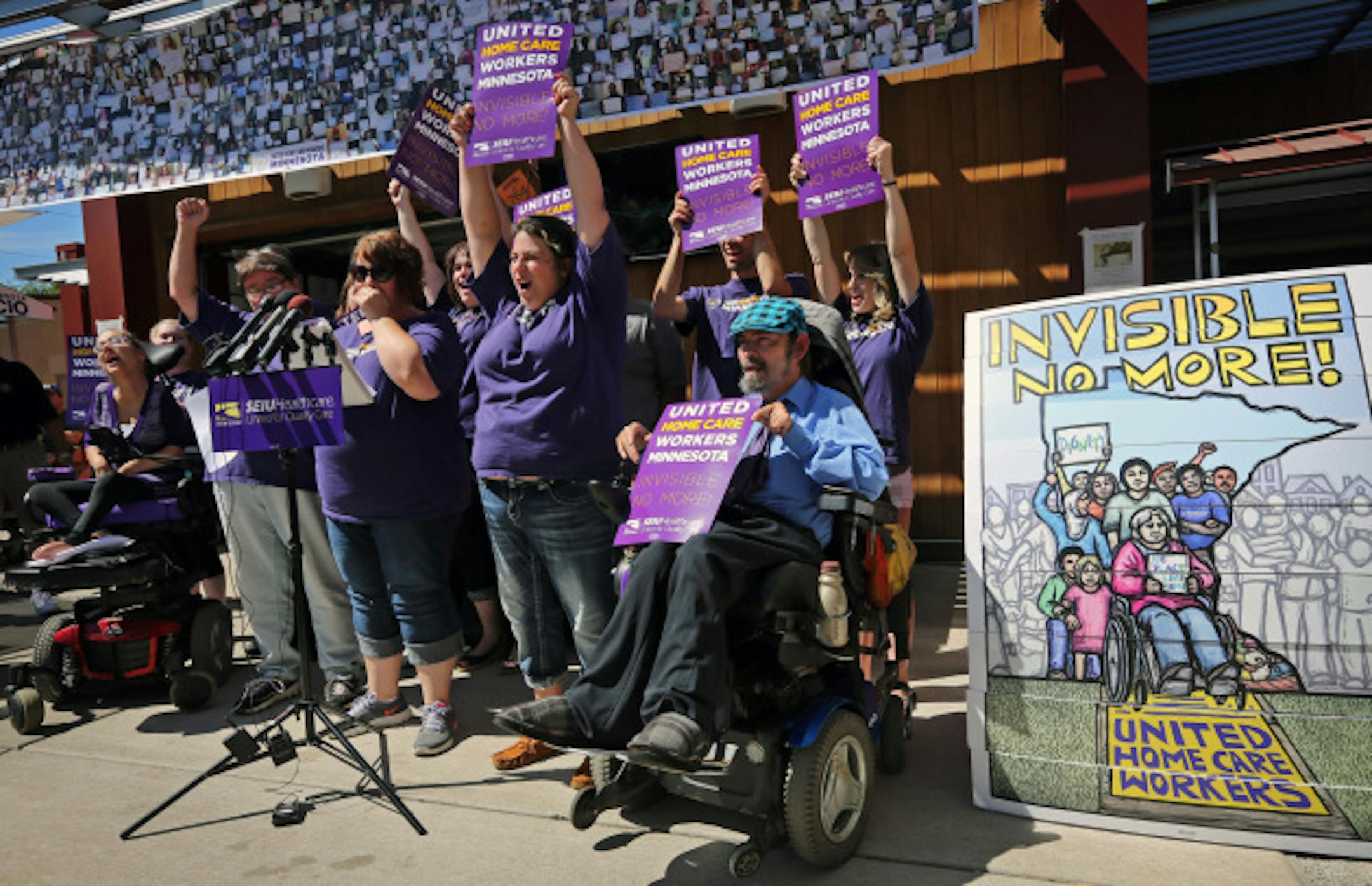 Home care workers, including Sumer Spika (At podium.) announce that in-home health care providers in Minnesota have voted to unionize. About 60 percent of the care providers taking part in a union election say they support organizing. The results were announced Tuesday by the state Bureau of Mediation Services. ]    BRIAN PETERSON • brian.peterson@startribune.com Falcon Heights, MN 08/26/14