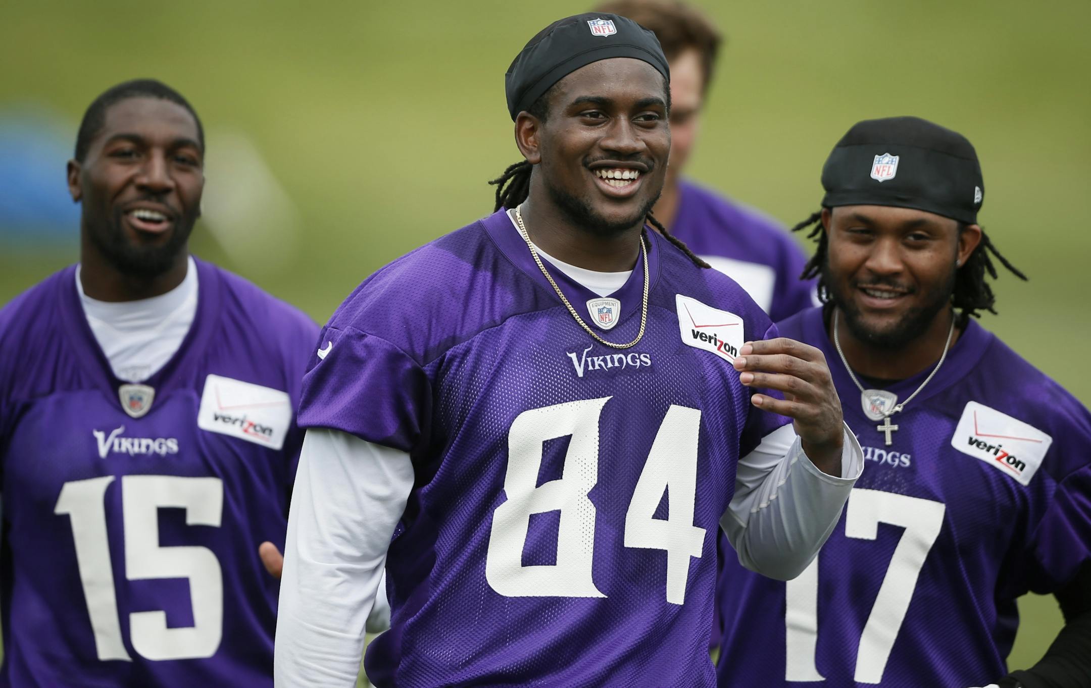 Receivers Gregg Jennings left , Cordarrelle Patterson , and Jarus Wright at the Minnesota Vikings OTA practice at Winter Park 2014 in Eden Prairie,MN.