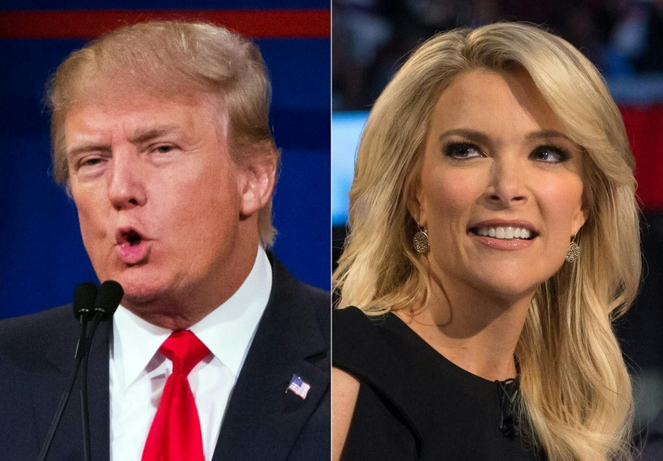 FILE - This file photo combination made from Aug. 6, 2015, photos shows Republican presidential candidate Donald Trump, left, and Fox News Channel host and moderator Megyn Kelly during the first Republican presidential debate at the Quicken Loans Arena, in Cleveland.
