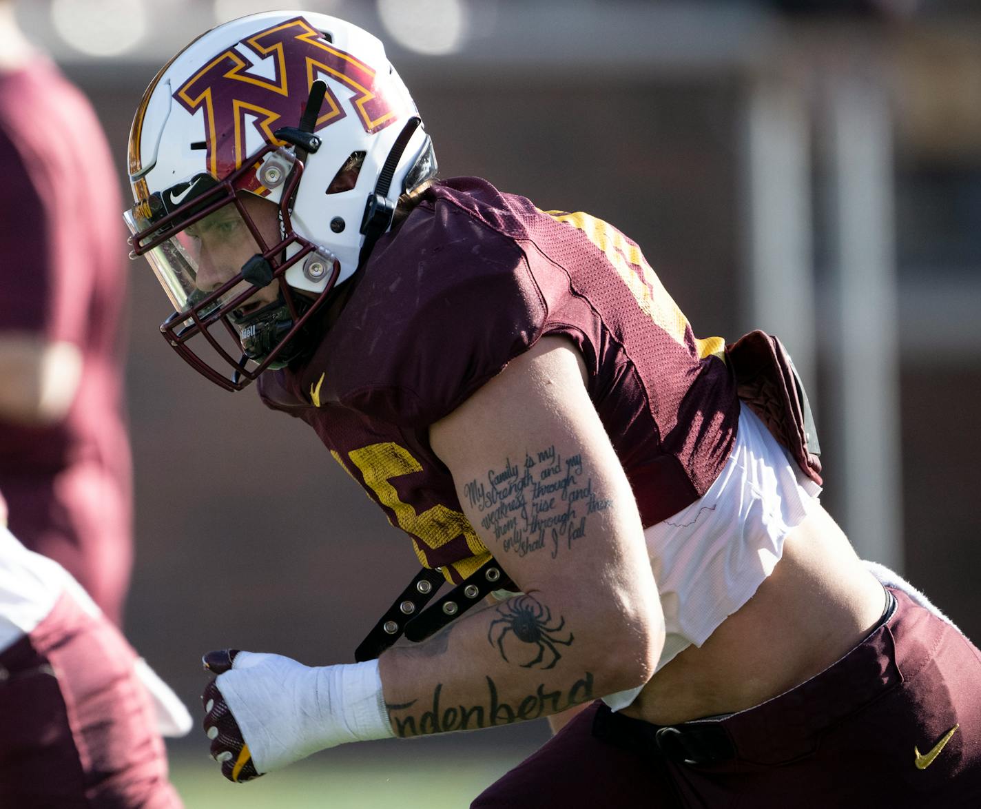 Minnesota Gophers linebacker Cody Lindenberg runs a drill during practice Tuesday, April 11, 2023 at Huntington Bank Stadium in Minneapolis, Minn.. ] AARON LAVINSKY • aaron.lavinsky@startribune.com