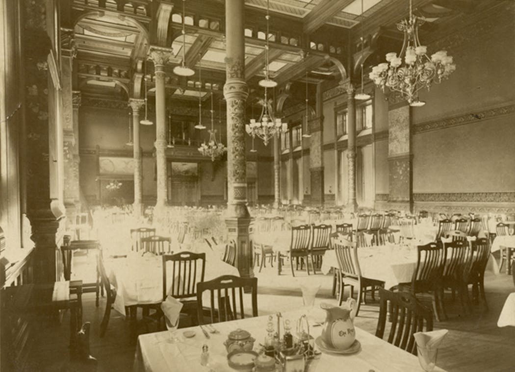 The Ryan’s dining room, approximately 1890, was a popular dining destination, with its showy stained-glass ceiling.