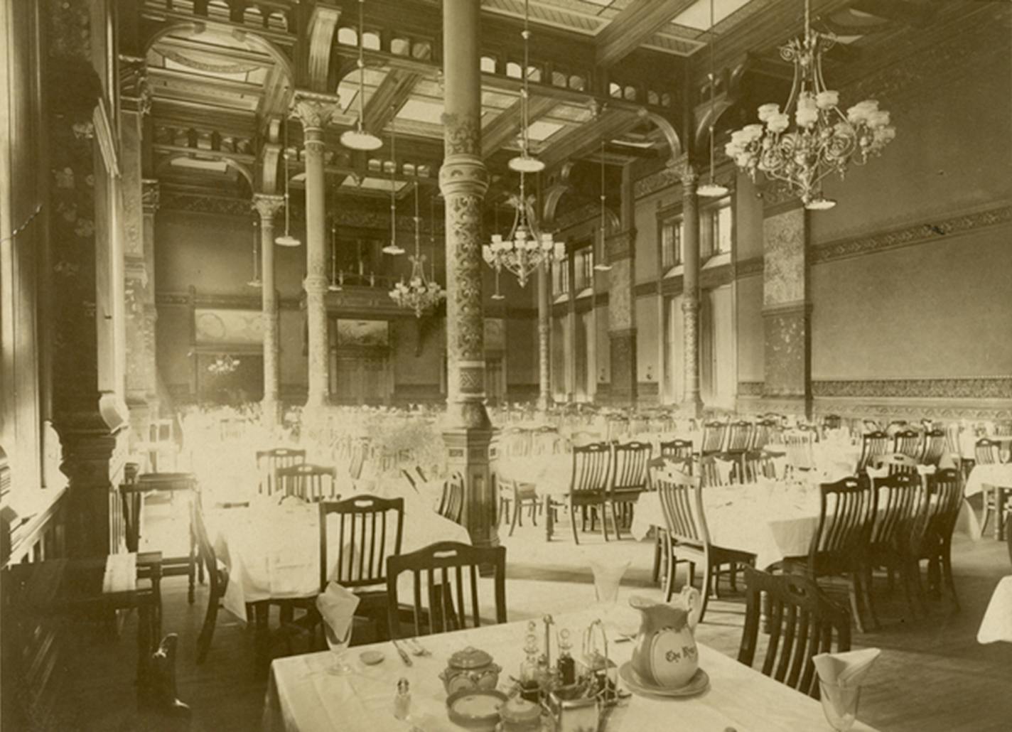 The Ryan's dining room, approximately 1890, was a popular dining destination, with its showy stained-glass ceiling.