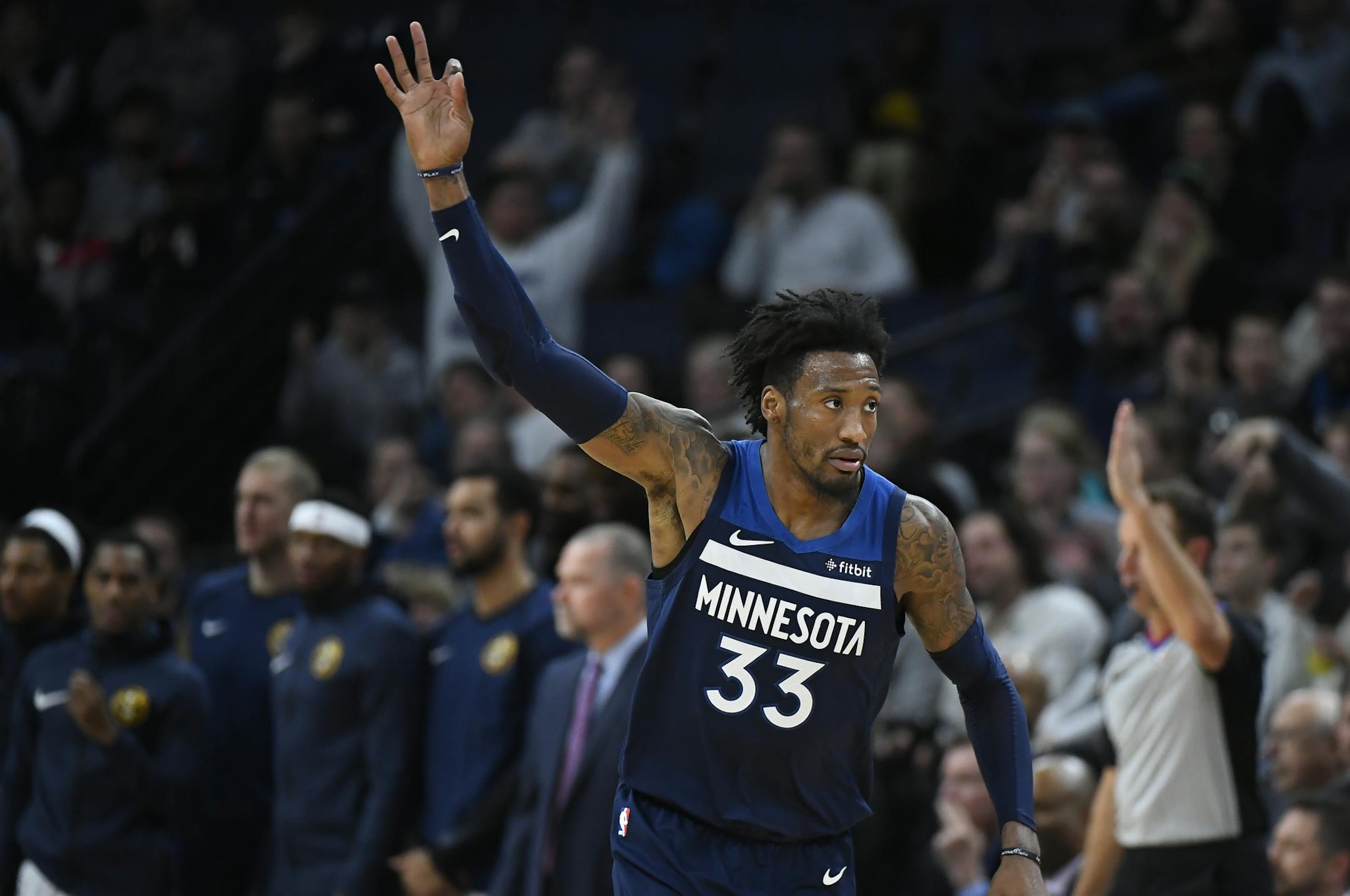 Minnesota Timberwolves forward Robert Covington (33) celebrated after hitting a 3-pointer against the Denver Nuggets in the third quarter. ] Aaron Lavinsky • aaron.lavinsky@startribune.com The Minnesota Timberwolves played the Denver Nuggets on Wednesday, Nov. 21, 2018 at Target Center in Minneapolis, Minn.