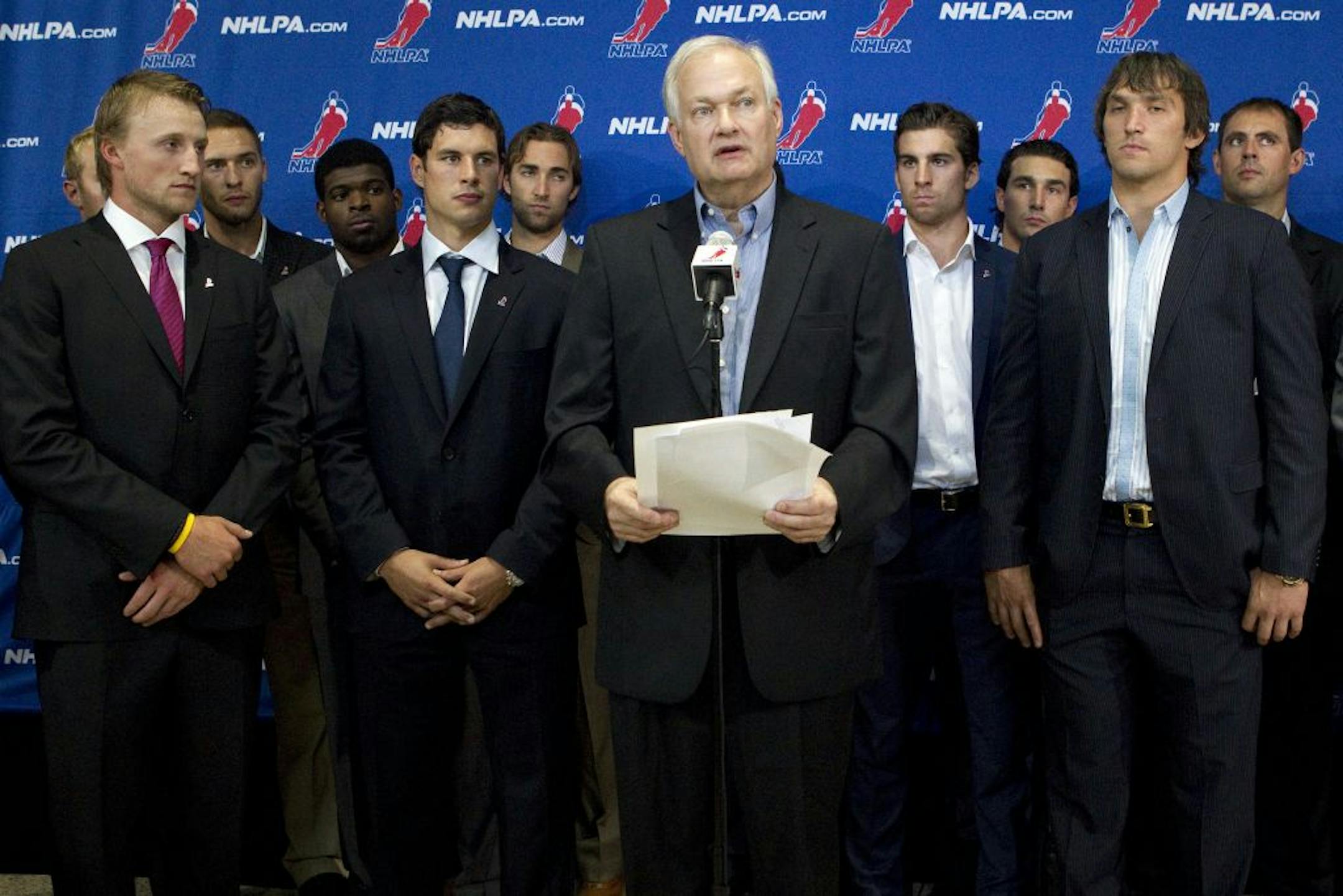 Donald Fehr, executive director of the NHL Players' Association, discussed the union's proposal as stars such as Steven Stamkos, left, Sidney Crosby, second from left, and Alex Ovechkin, right, stood by.