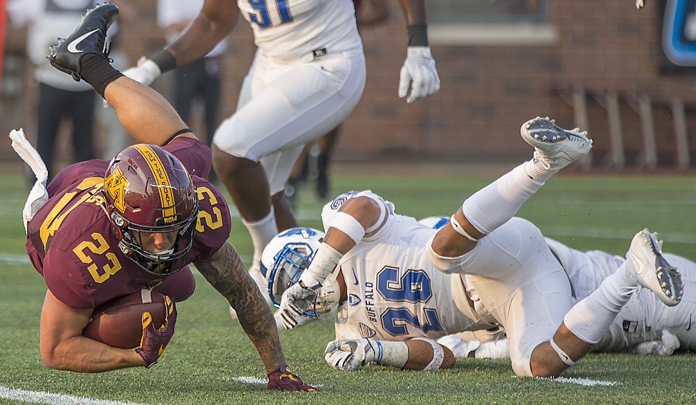 Gophers running back Shannon Brooks fell inches short of the end zone as he was stopped by Buffalo safety Ryan Williamson during the first quarter. The call stood upon replay review, but no matter to the Gophers, who scored on the next play for their first touchdown under Fleck.