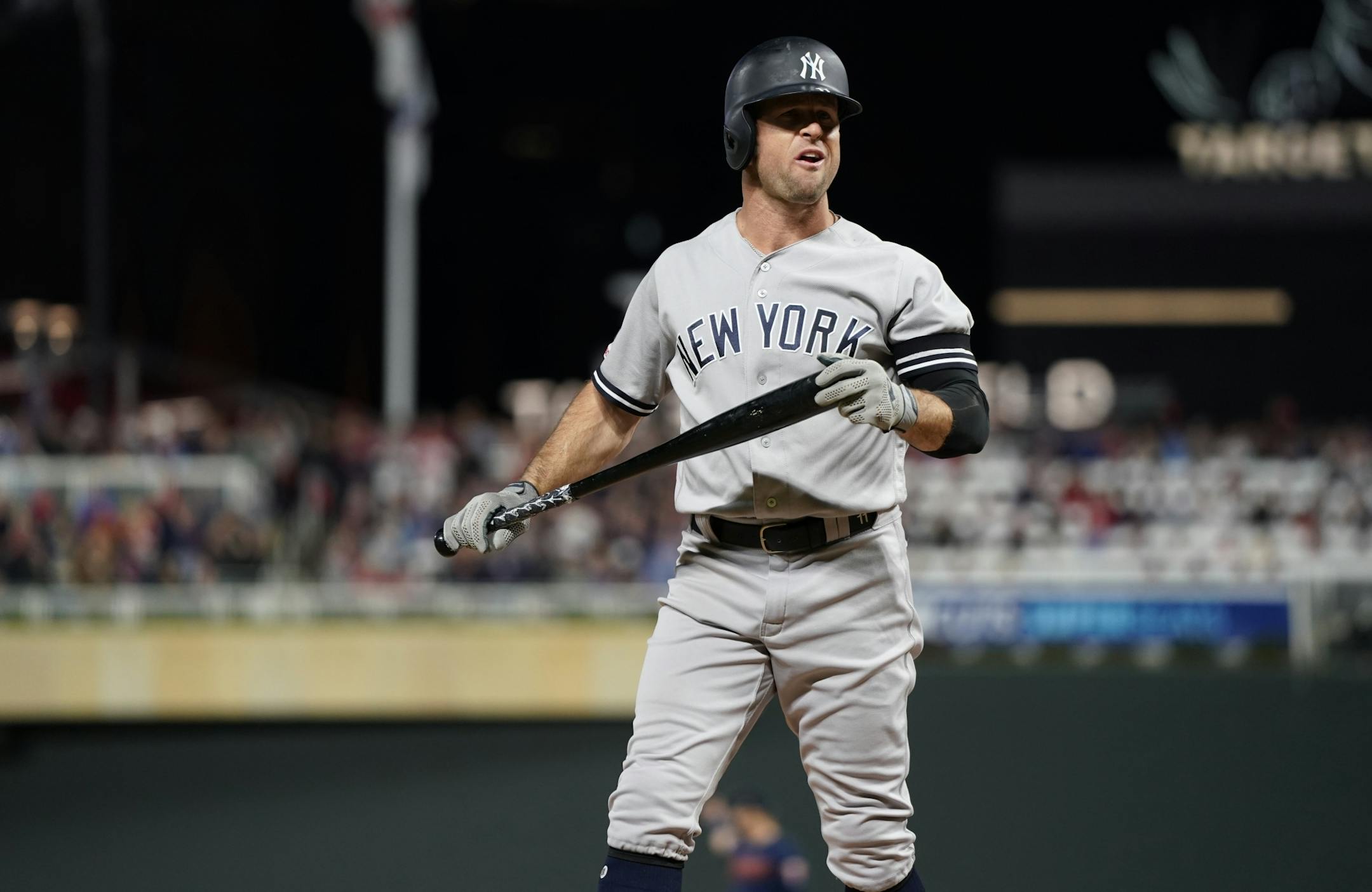 New York Yankees center fielder Brett Gardner (11) reacted after he struck out by Minnesota Twins starting pitcher Jake Odorizzi (12) in the first inning.