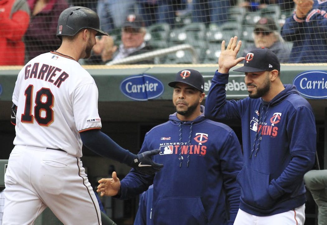 Garver was greeted after hitting a home run on Sept. 8 against Cleveland.