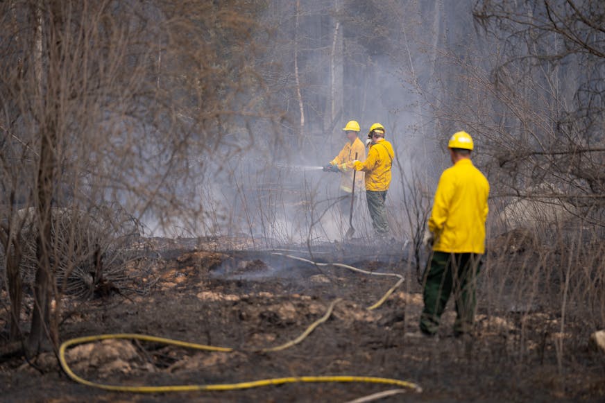 Firefighters work to put out a hot spot as part of the efforts to combat the Camp House wildfire in Brimson, Minn. on Thursday, May 15, 2025.   ]

ALEX KORMANN • alex.kormann@startribune.com