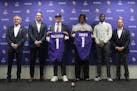 From left to right, Minnesota Vikings owner Zygi Wilf, head coach Kevin O'Connell, first round draft picks J.J. McCarthy and Dallas Turner, general ma