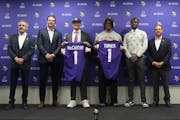 From left to right, Minnesota Vikings owner Zygi Wilf, head coach Kevin O'Connell, first round draft picks J.J. McCarthy and Dallas Turner, general ma
