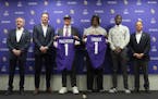 From left to right, Vikings owner Zygi Wilf, head coach Kevin O'Connell, first round draft picks J.J. McCarthy and Dallas Turner, general manager Kwes