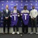 From left, Vikings owner Zygi Wilf, coach Kevin O'Connell, first-round draft picks J.J. McCarthy and Dallas Turner, General Manager Kwesi Adofo-Mensah