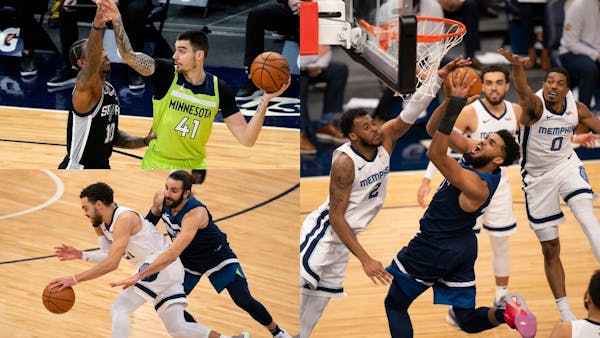 The Wolves will play Atlanta on Monday without (clockwise from upper left) Juancho Hernangomez, Karl-Anthony Towns and Ricky Rubio.