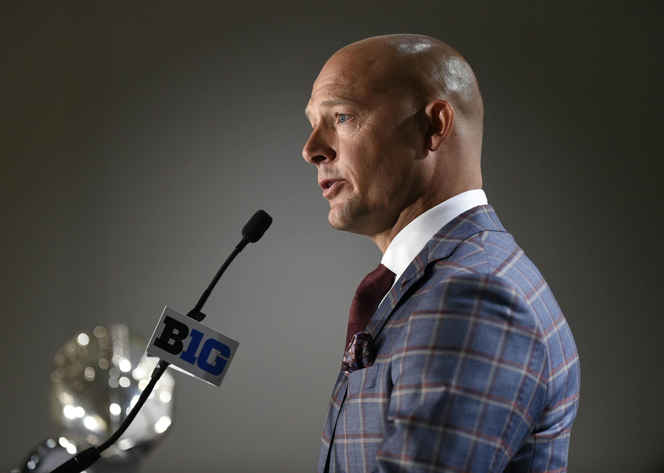 Minnesota head coach P.J. Fleck speaks speaks at the Big Ten Conference NCAA college football Media Days in Chicago, Monday, July 23, 2018. (AP Photo/Annie Rice)