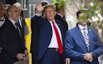 Former President Donald Trump leaves Trump Tower on his way to Manhattan criminal court, Monday, April 15, 2024, in New York. The hush money trial of 
