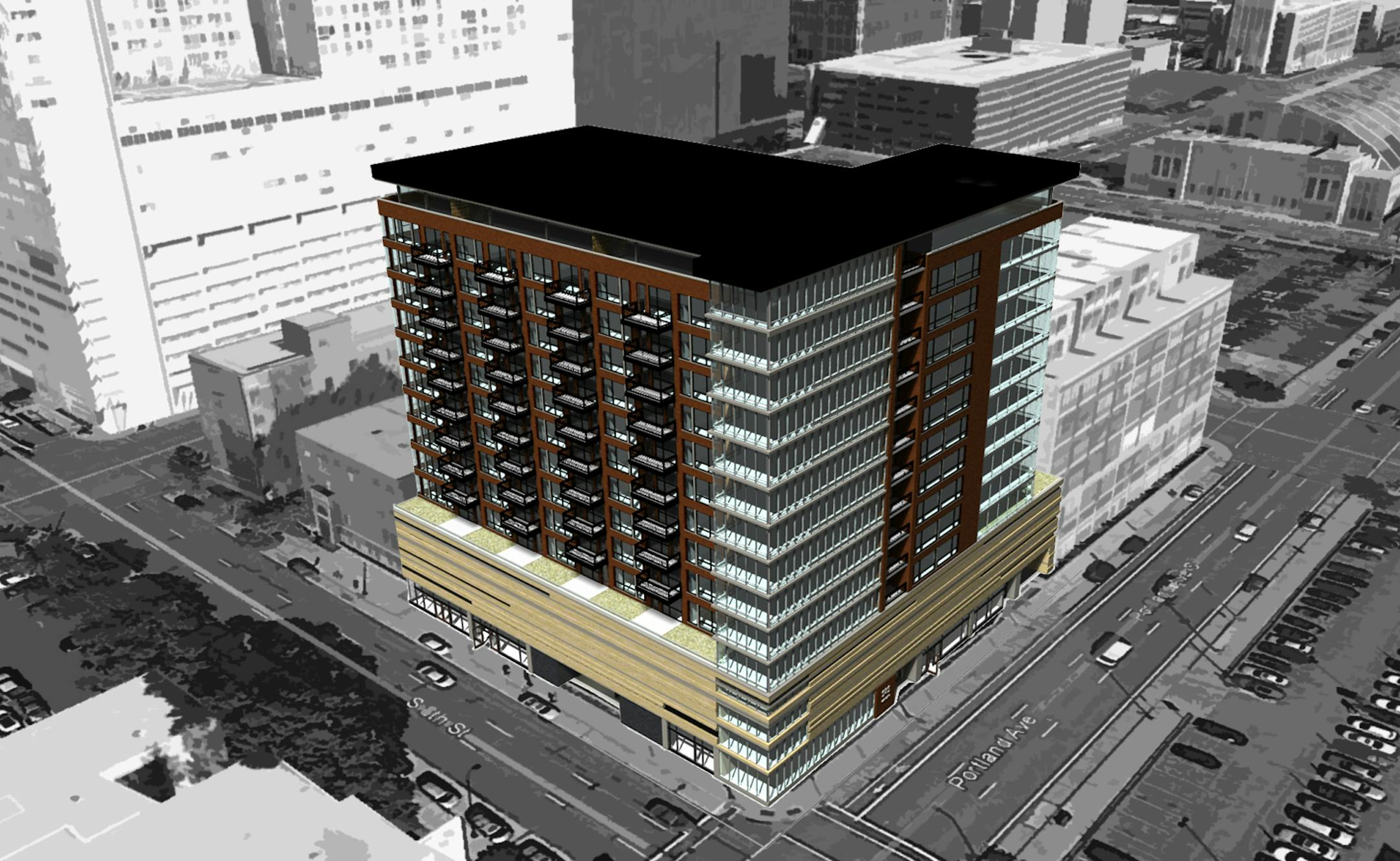 Provided rendering of proposed condo for 8th and Portland Avs, Minneapolis - credit Oertel Architects Ltc. also see rich Tsong-Taatarrii photo of the same corner
