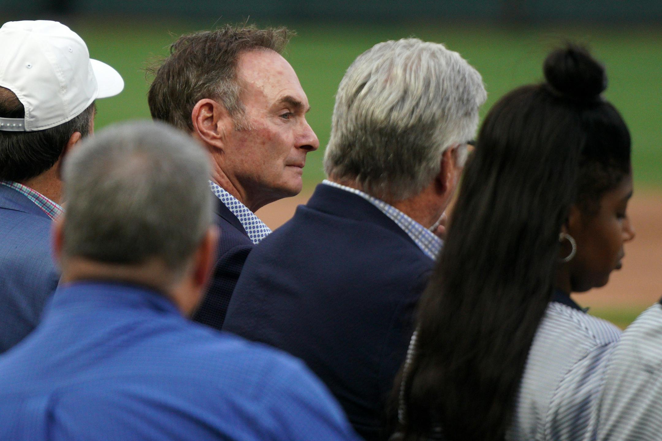 Former Minnesota Twins manager Paul Molitor sat on the field during a pregame ceremony to retire Twins great Joe Mauer's number 7 Saturday. ] ANTHONY SOUFFLE • anthony.souffle@startribune.com The Minnesota Twins played the Kansas City Royals in an MLB game Saturday, June 15, 2019 at Target Field in Minneapolis.