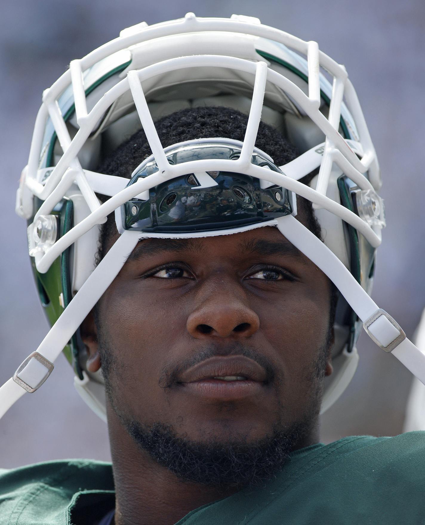 Michigan State's Malik McDowell is shown on the sideline during an NCAA college football game against Wisconsin, Saturday, Sept. 24, 2016, in East Lansing, Mich. (AP Photo/Al Goldis) ORG XMIT: otkag102