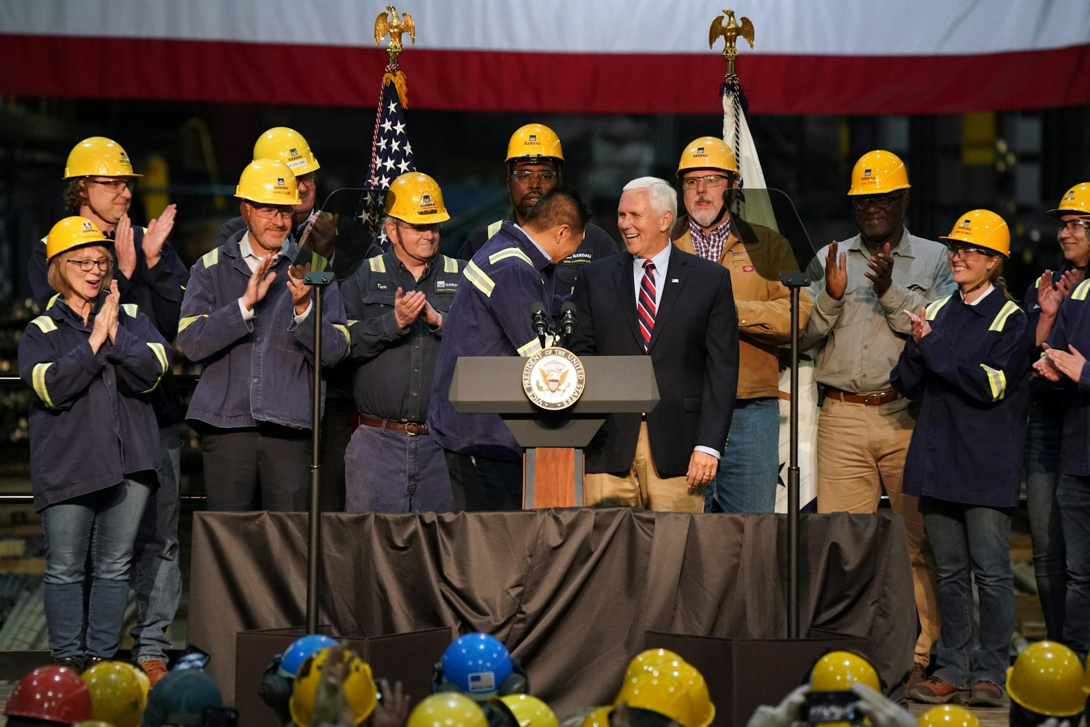 Vice President Mike Pence arrived to give a speech urging support for President Donald Trump's proposed replacement for the North American Free Trade Agreement at Gerdau Ameristeel Thursday.