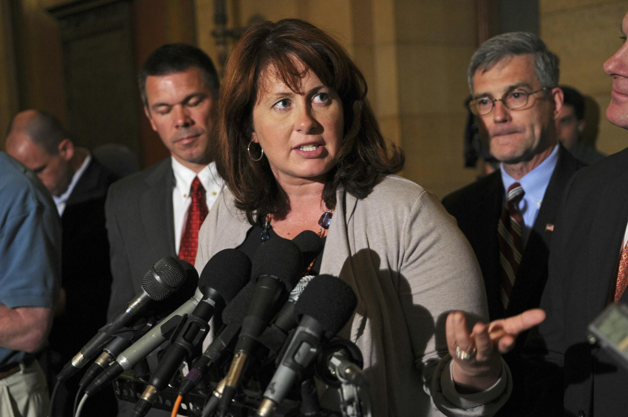 Governor Mark Dayton met with the Minnesota GOP leadership in a closed door session about the budget stalemate. Amy Koch Senate Majority leader talked wityh the media after the meeting in a hall outside the Governor's office