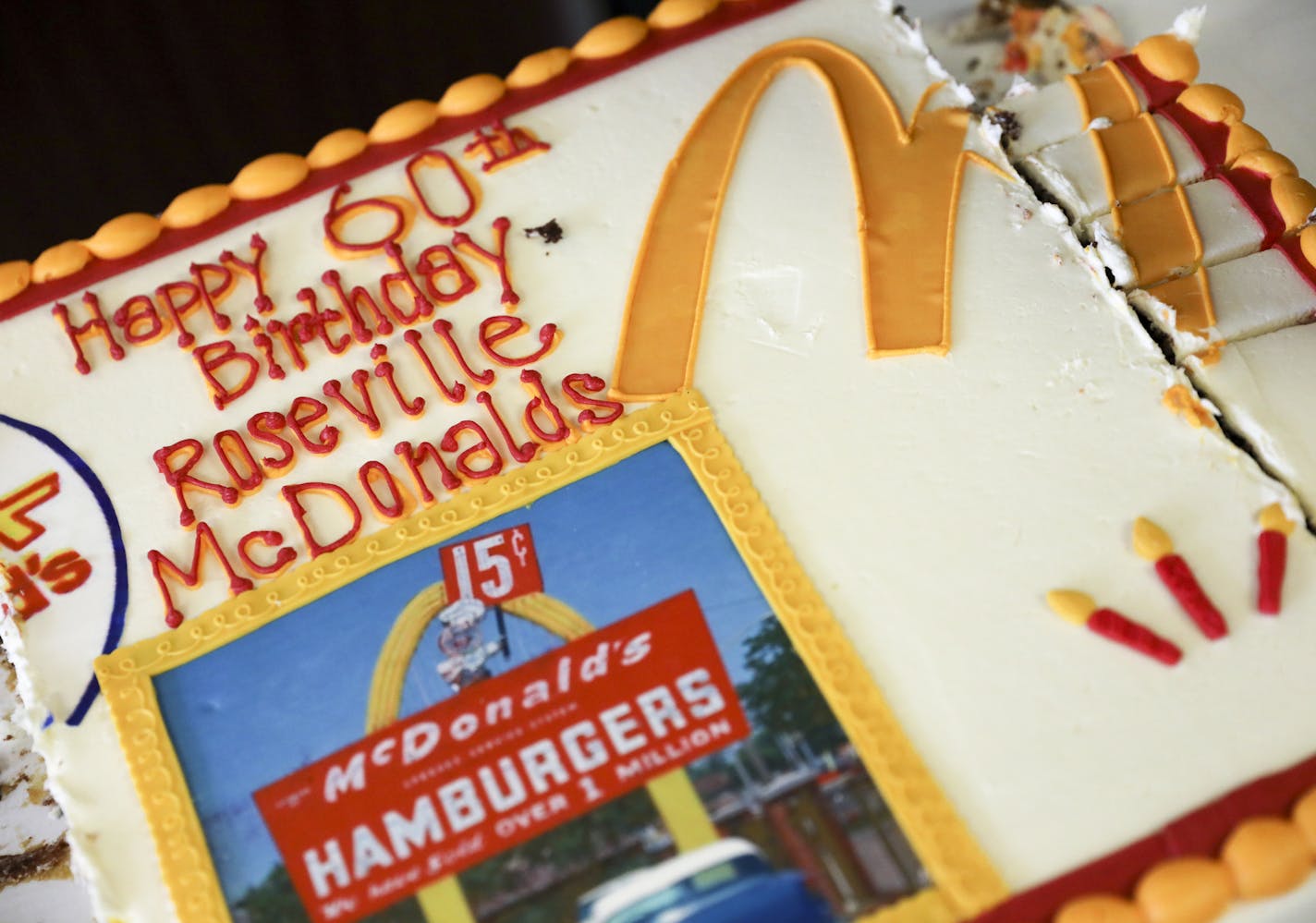 The Roseville McDonald's celebrated 60 years of business with sixty cents hamburgers and free cake on Monday, September 25, 2017, in Roseville, Minn. This Roseville location was the first McDonald's in Minnesota and 63rd nationwide. Now there are over 14,000 in the U.S. ] RENEE JONES SCHNEIDER &#x2022; renee.jones@startribune.com The Minnesota