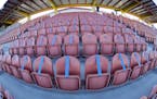 In this image taken with a fisheye lens, seating is taped off to meet social distancing needs before the start of the NWSL Challenge Cup soccer match 