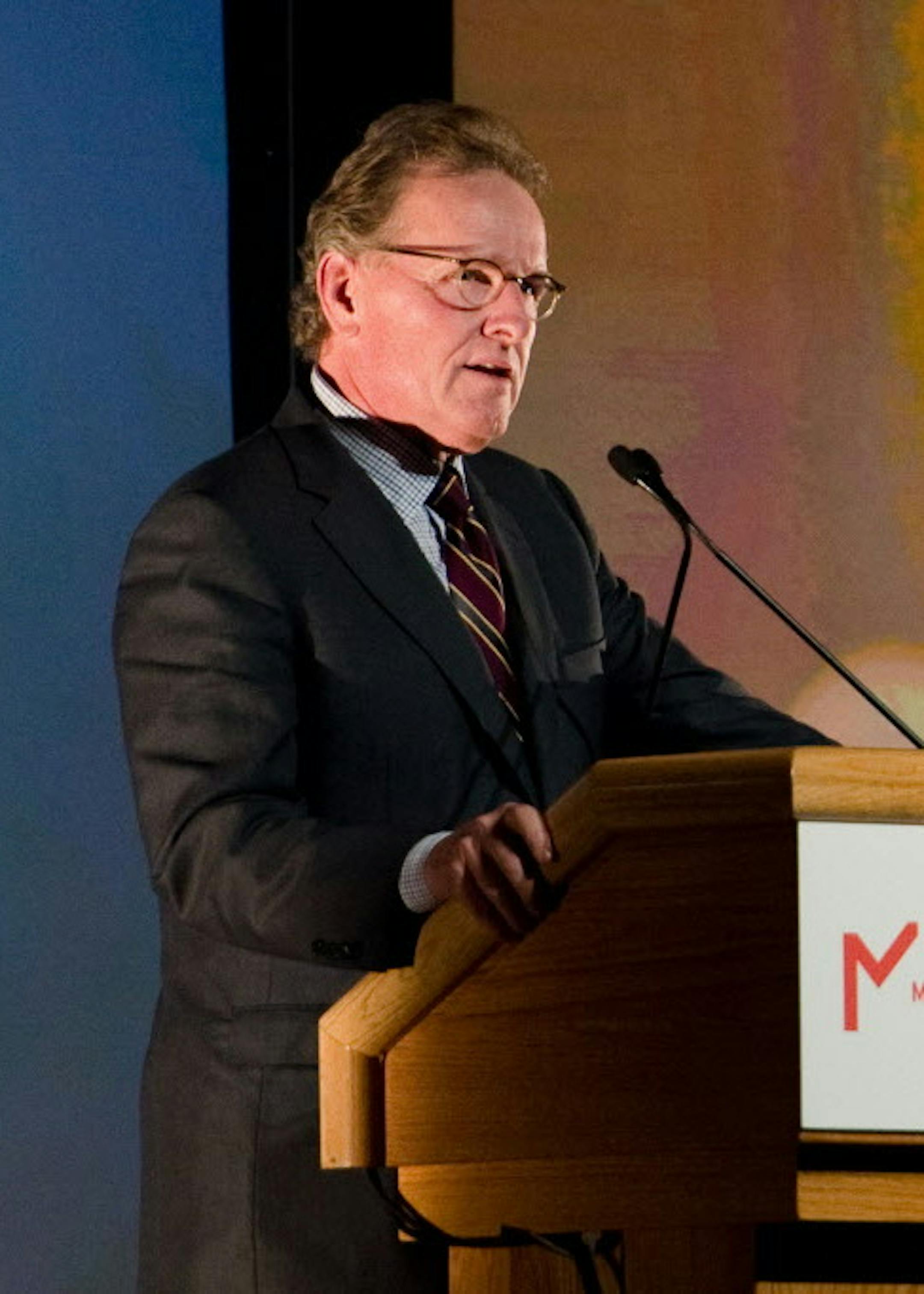 Pat Ryan, CEO & President of Ryan Companies US and chairman of the Education Policy Committee, Pat Ryan, addresses the Minnesota Business Partnership Annual Meeting and Dinner Tuesday, October 7 at the Convention Center Ballroom. Ryan spoke on the importance on implementing charter schools in Minneapolis to close the academic achievement gap. ] (SPECIAL TO THE STAR TRIBUNE/BRE McGEE) **Pat Ryan (CEO & President of Ryan Companies US and chairman of the Education Policy Committee)
